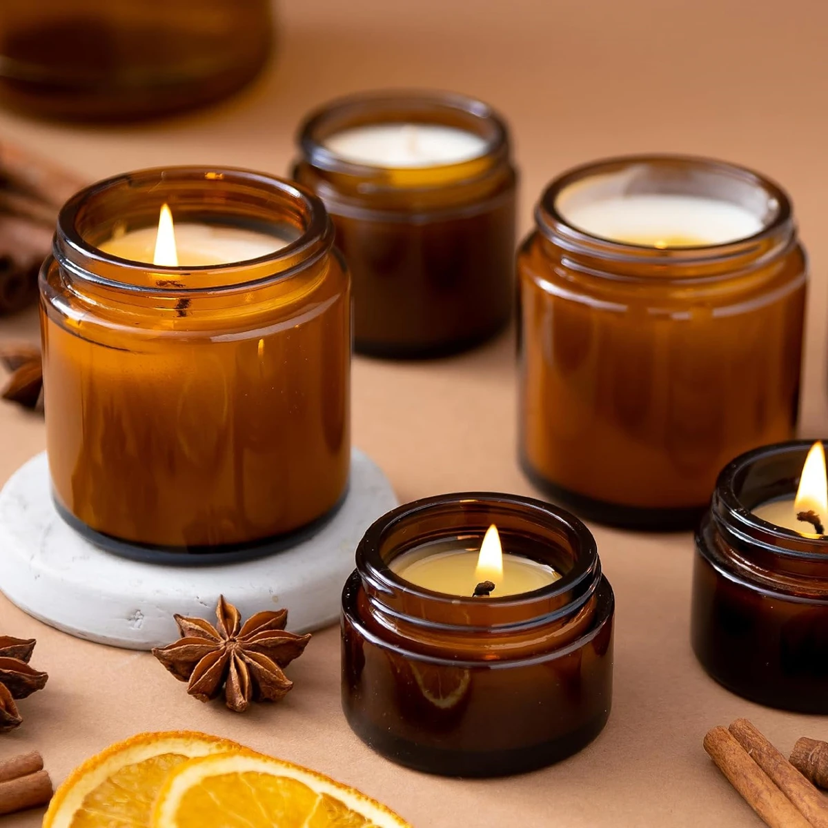 Glass Candle Jars, 4oz Amber R - Candle Making Jars With Lids のレビューと価格